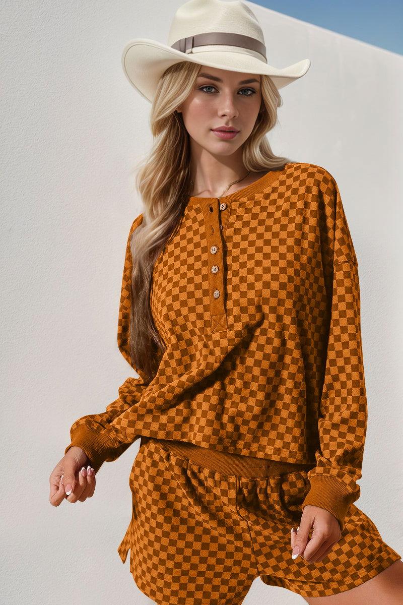 Double Take Checkered Half Button Top and Shorts Set - Clothes For Her Online Store