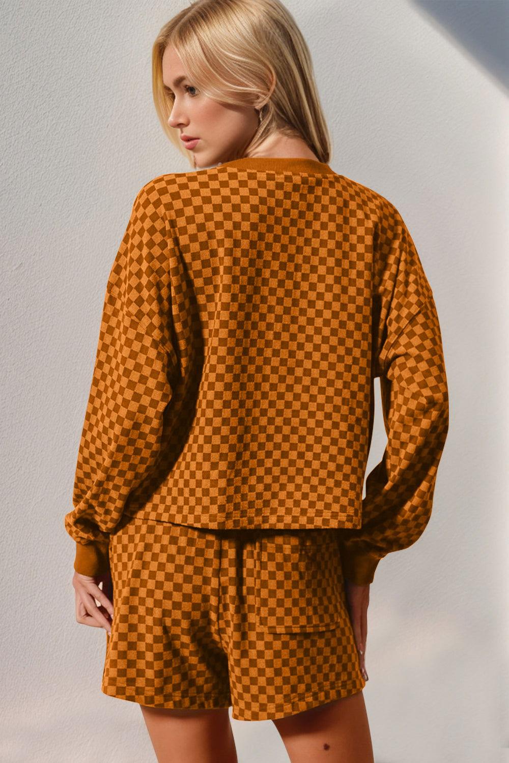 Double Take Checkered Half Button Top and Shorts Set - Clothes For Her Online Store