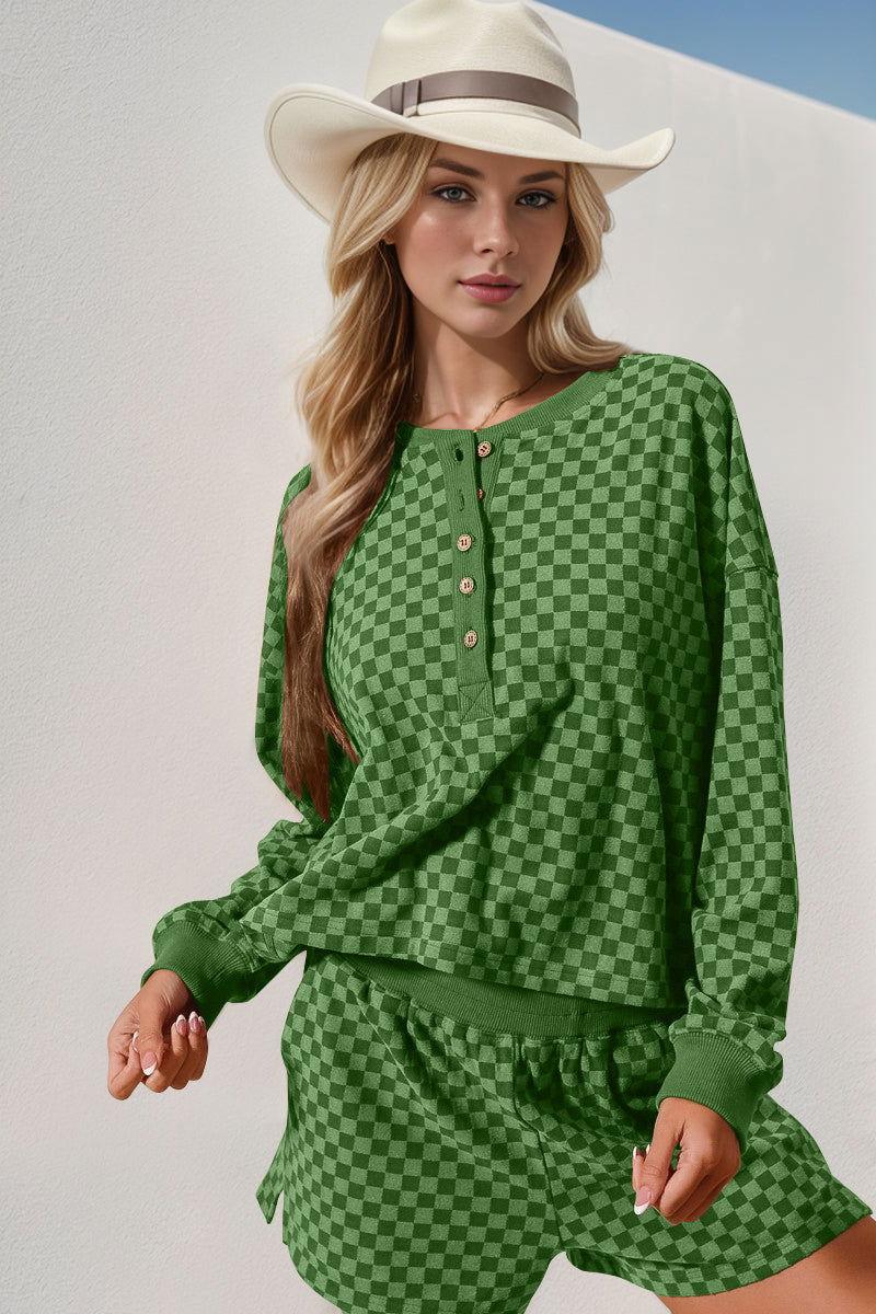 Double Take Checkered Half Button Top and Shorts Set - Clothes For Her Online Store