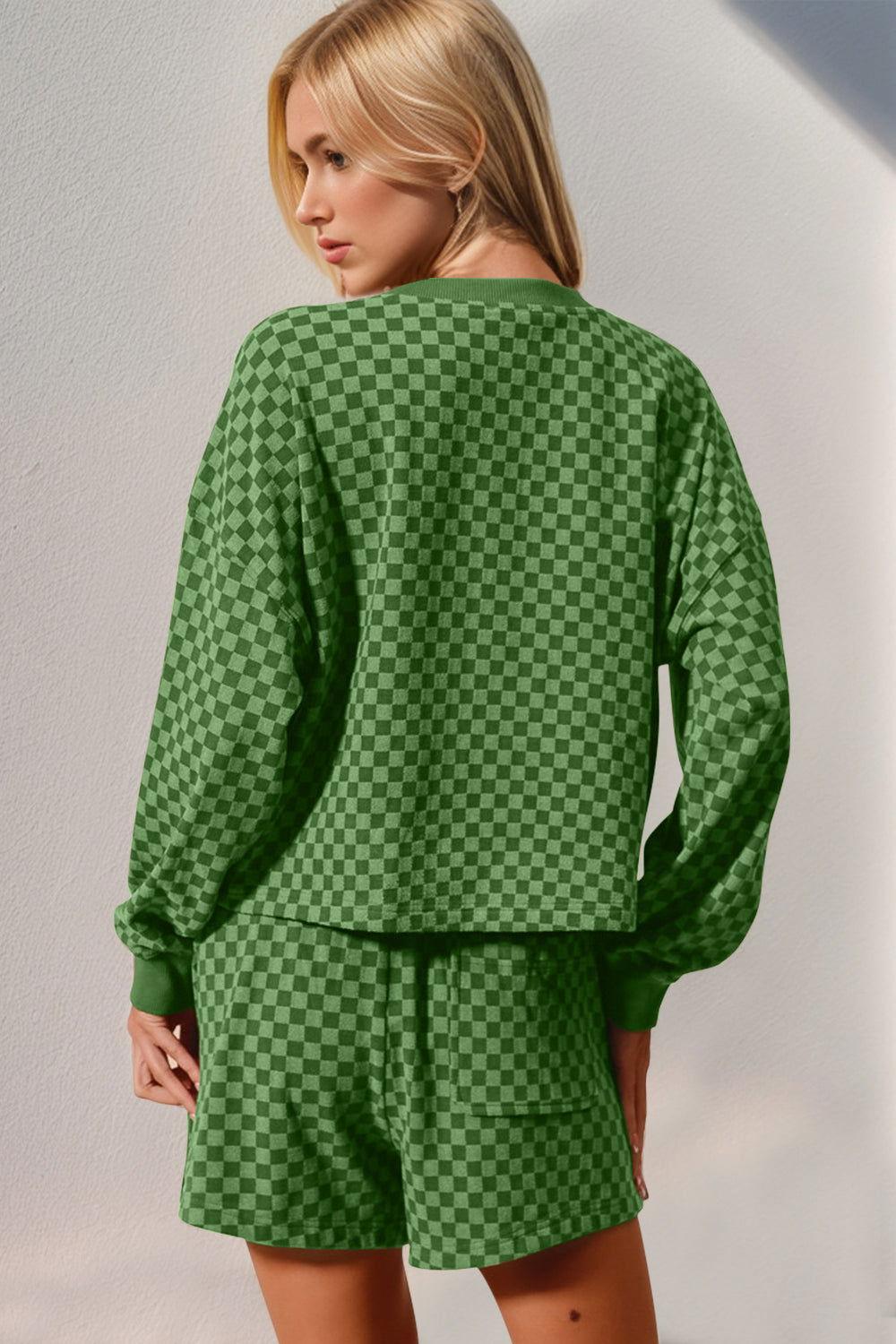 Double Take Checkered Half Button Top and Shorts Set - Clothes For Her Online Store