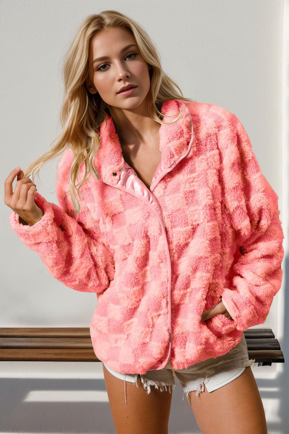 Double Take Checkered Long Sleeve Fuzzy Jacket - Clothes For Her Online Store