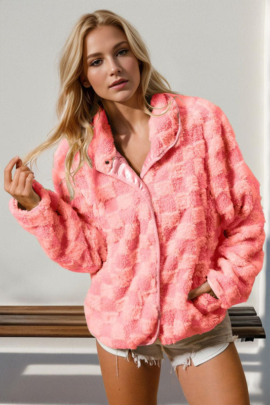 Double Take Checkered Long Sleeve Fuzzy Jacket - Clothes For Her Online Store
