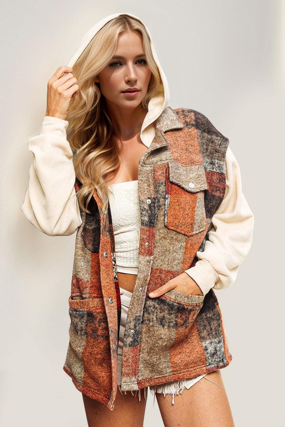Double Take Contrast Long Sleeve Hooded Plaid Jacket - Clothes For Her Online Store
