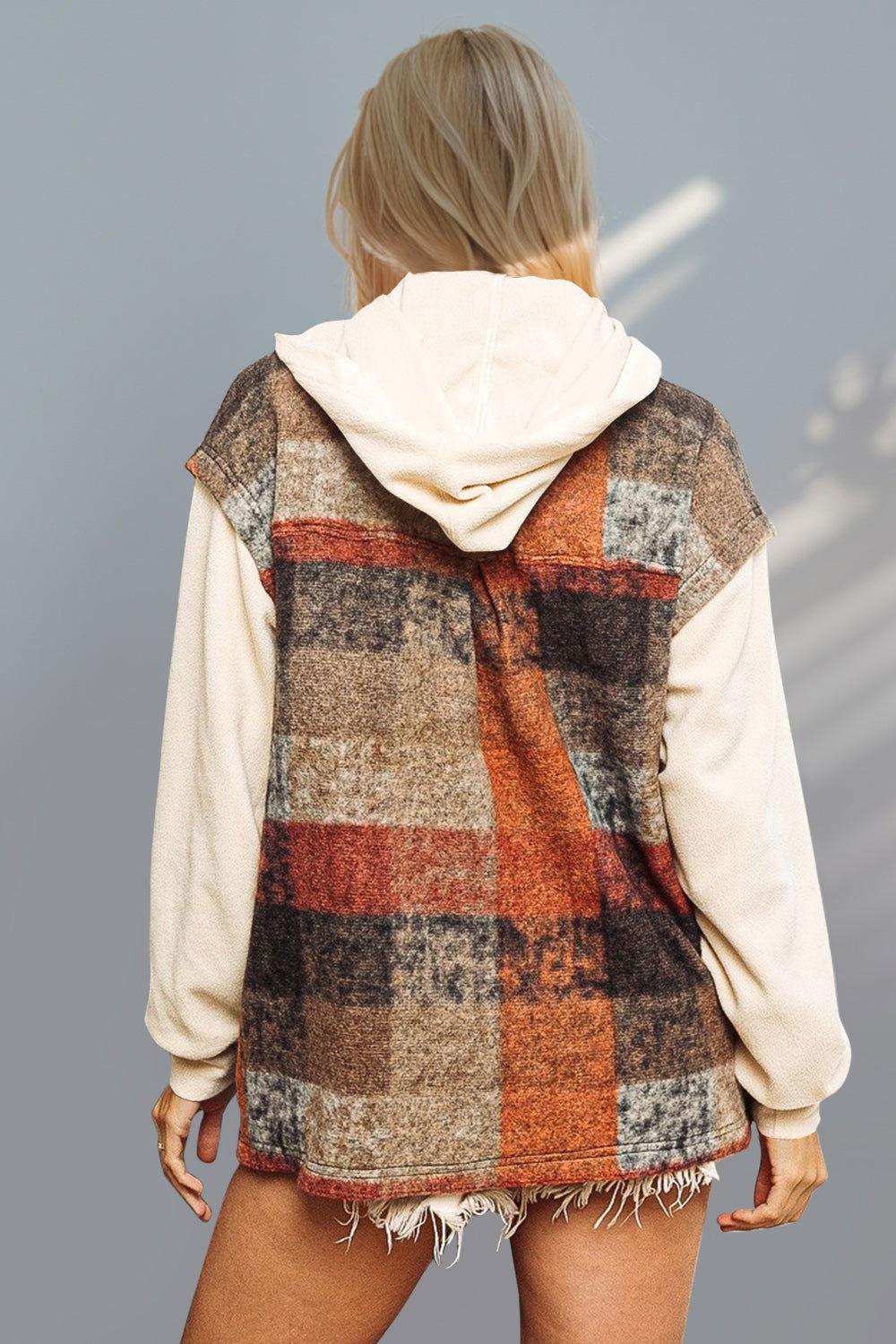 Double Take Contrast Long Sleeve Hooded Plaid Jacket - Clothes For Her Online Store
