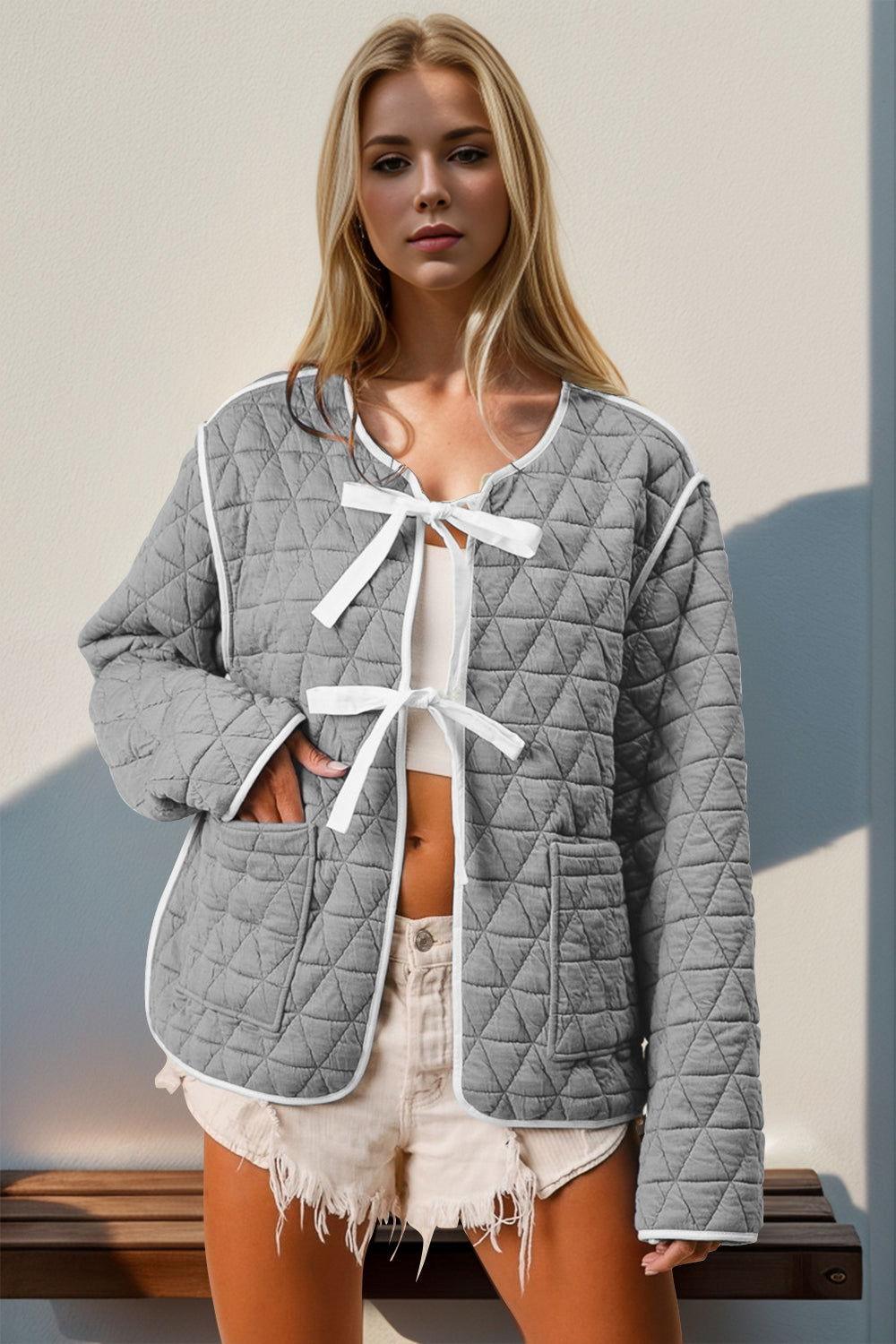 Double Take Contrast Trim Tie Front Quilted Jacket with Pockets - Clothes For Her Online Store