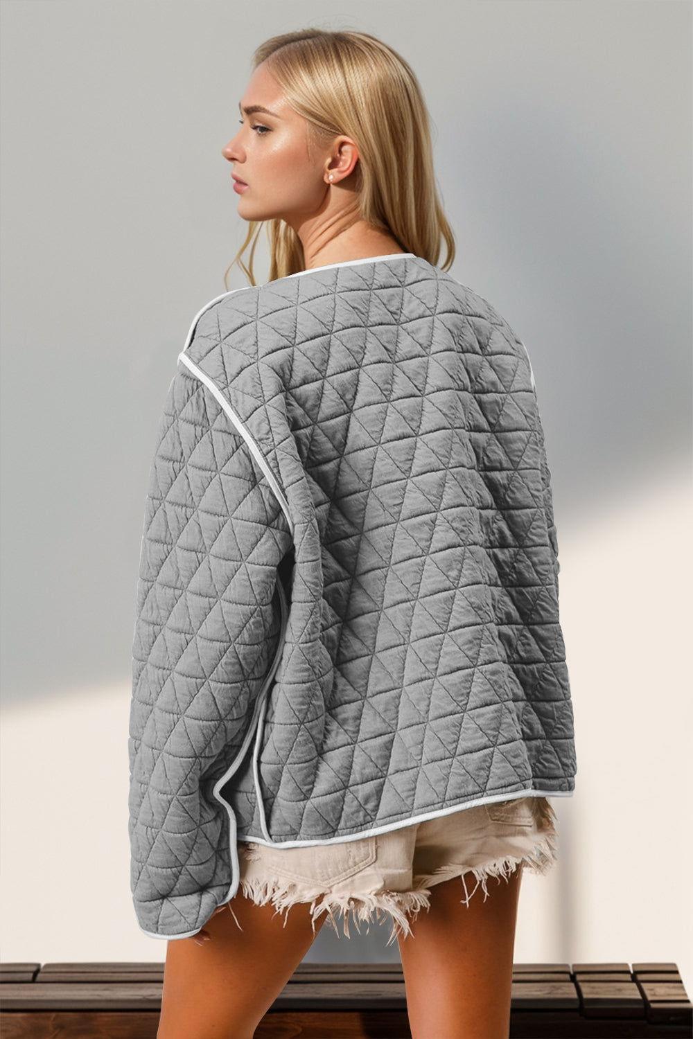 Double Take Contrast Trim Tie Front Quilted Jacket with Pockets - Clothes For Her Online Store