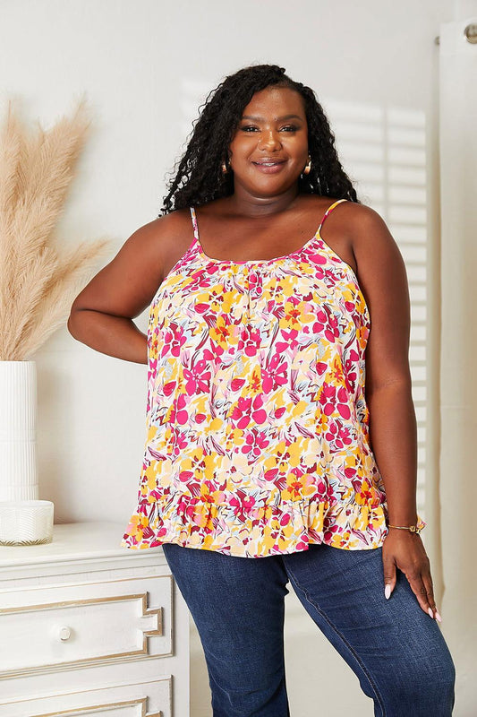 Double Take Floral Scoop Neck Ruffle Hem Cami - Clothes For Her Online Store