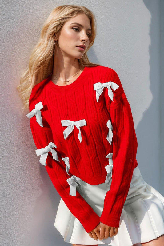 Double Take Full Size Bow Cable-Knit Round Neck Sweater - Clothes For Her Online Store