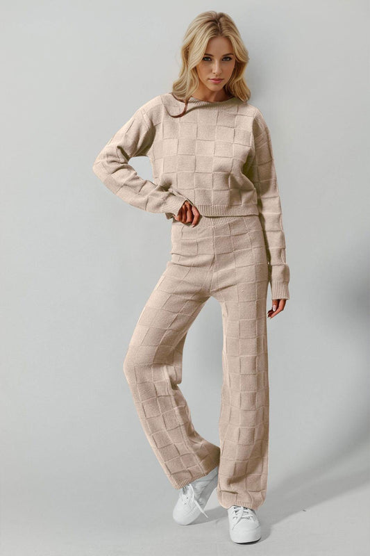 Double Take Full Size Checkered Round Neck Top and Pants Set - Clothes For Her Online Store