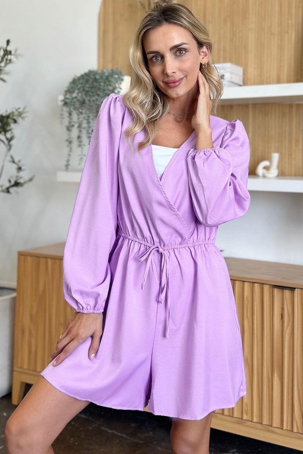 Double Take Full Size Drawstring Long Sleeve Romper - Clothes For Her Online Store