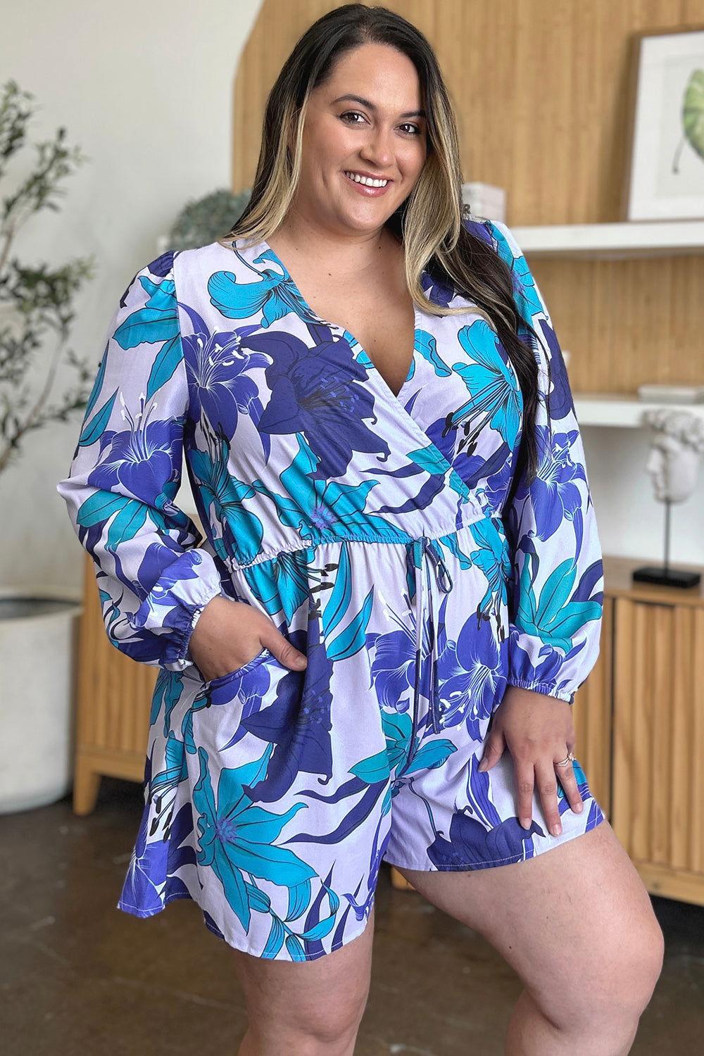 Double Take Full Size Floral Long Sleeve Romper with Pockets - Clothes For Her Online Store