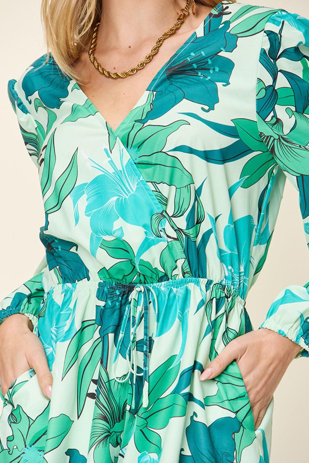 Double Take Full Size Floral Long Sleeve Romper with Pockets - Clothes For Her Online Store