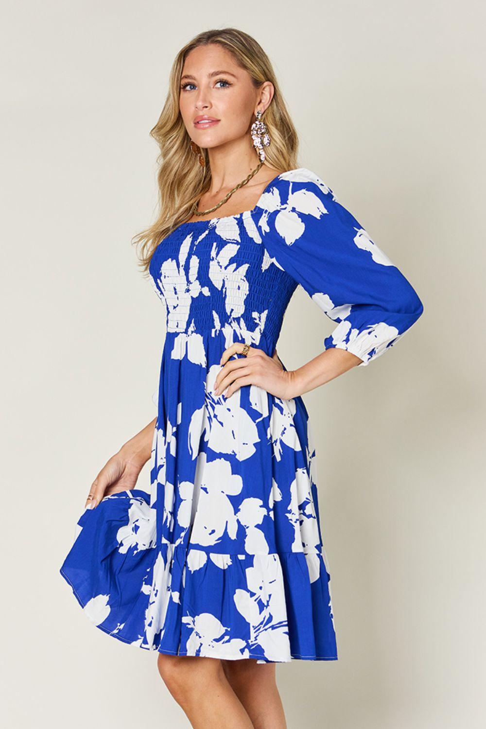 Double Take Full Size Floral Ruffle Hem Smocked Dress with Pockets - Clothes For Her Online Store