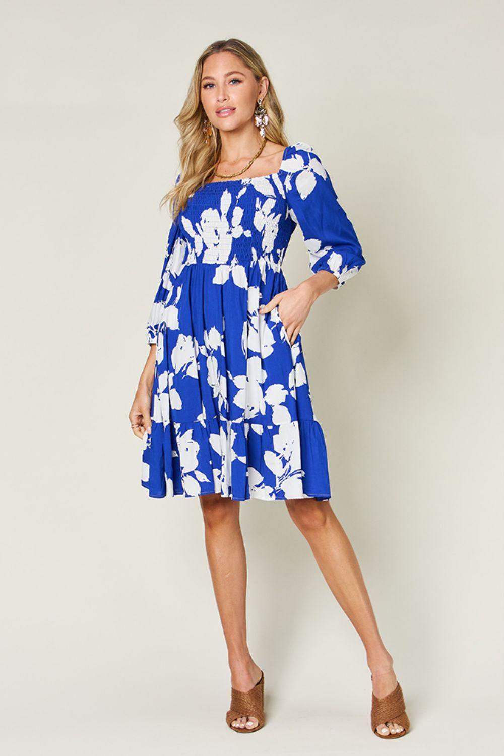 Double Take Full Size Floral Ruffle Hem Smocked Dress with Pockets - Clothes For Her Online Store