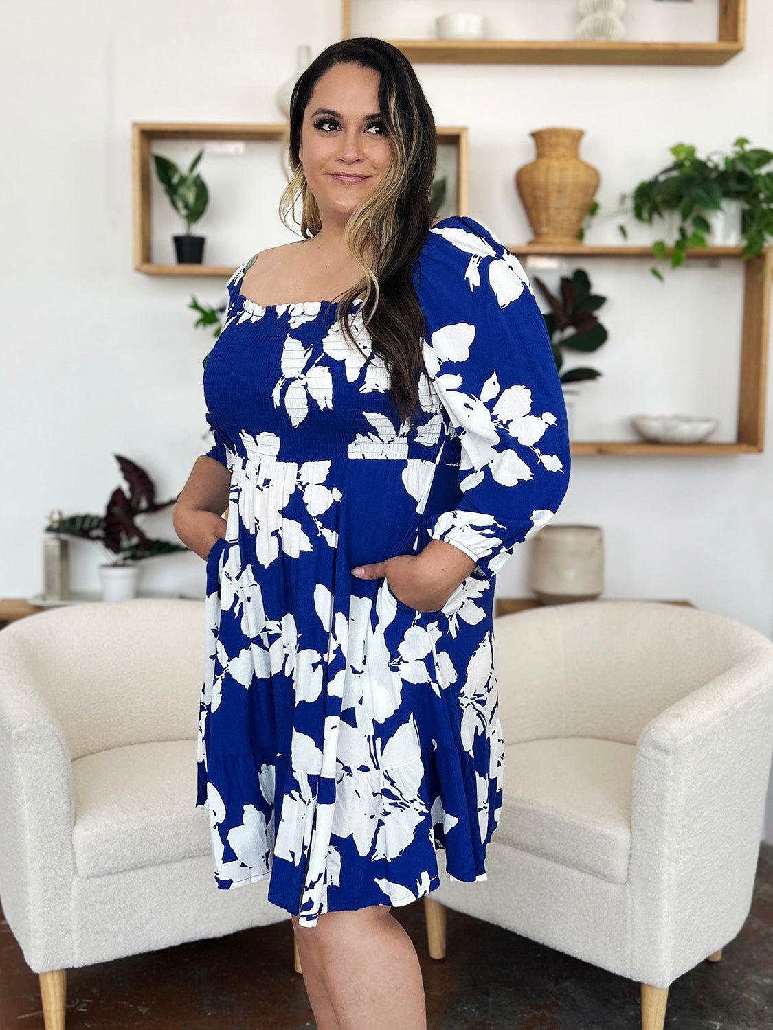 Double Take Full Size Floral Ruffle Hem Smocked Dress with Pockets - Clothes For Her Online Store