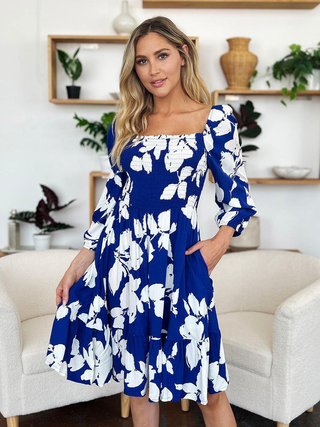 Double Take Full Size Floral Ruffle Hem Smocked Dress with Pockets - Clothes For Her Online Store