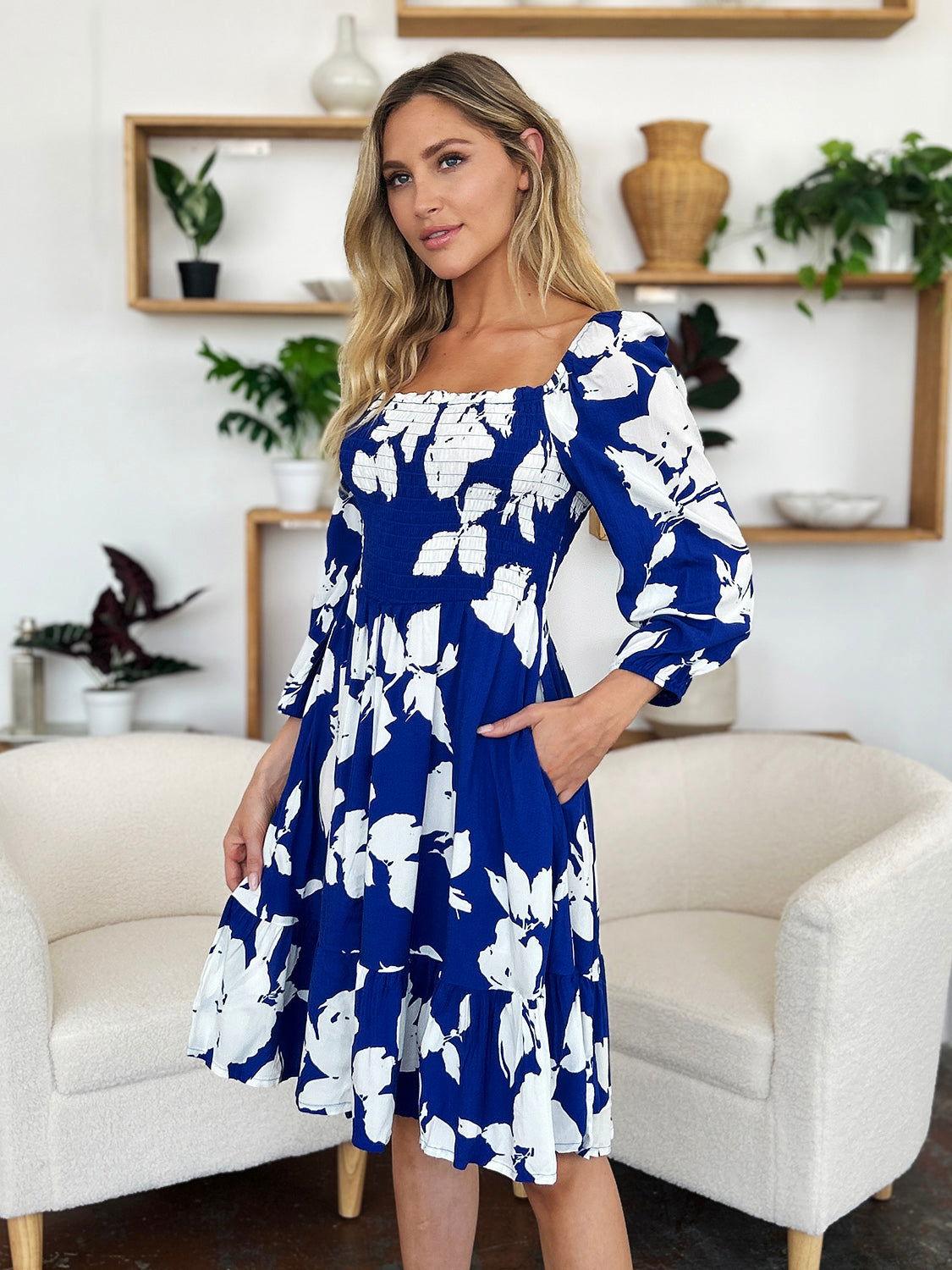 Double Take Full Size Floral Ruffle Hem Smocked Dress with Pockets - Clothes For Her Online Store