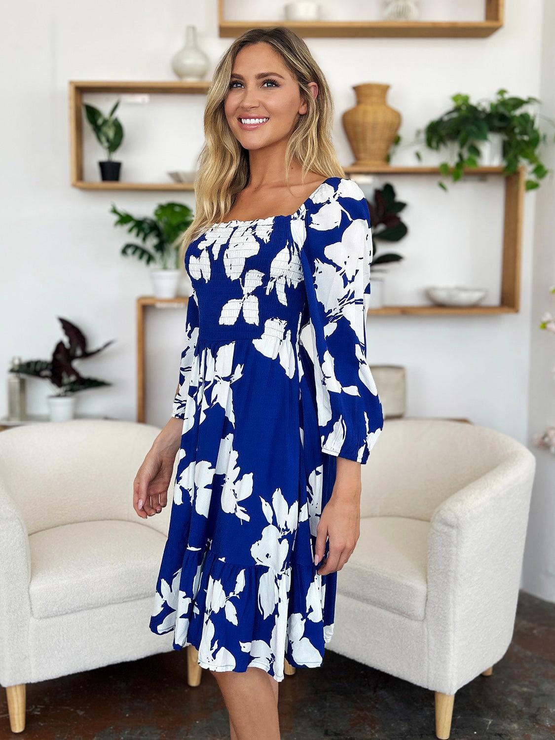 Double Take Full Size Floral Ruffle Hem Smocked Dress with Pockets - Clothes For Her Online Store