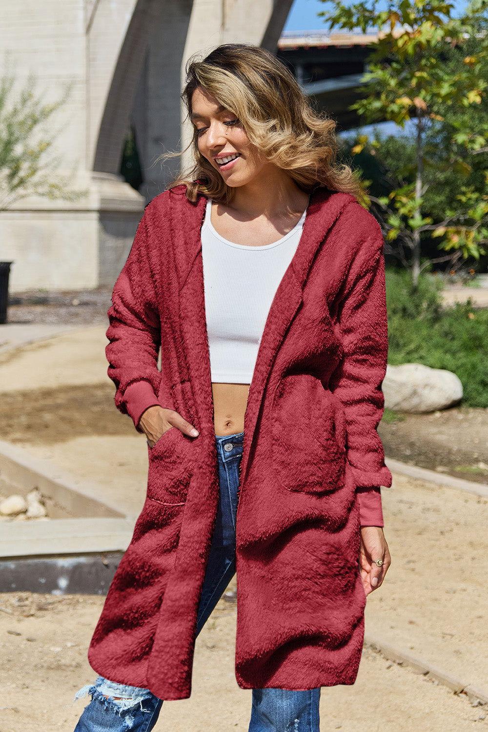 Double Take Full Size Hooded Teddy Bear Jacket with Thumbholes - Clothes For Her Online Store