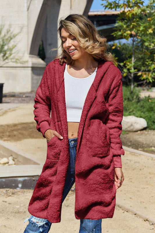 Double Take Full Size Hooded Teddy Bear Jacket with Thumbholes - Clothes For Her Online Store