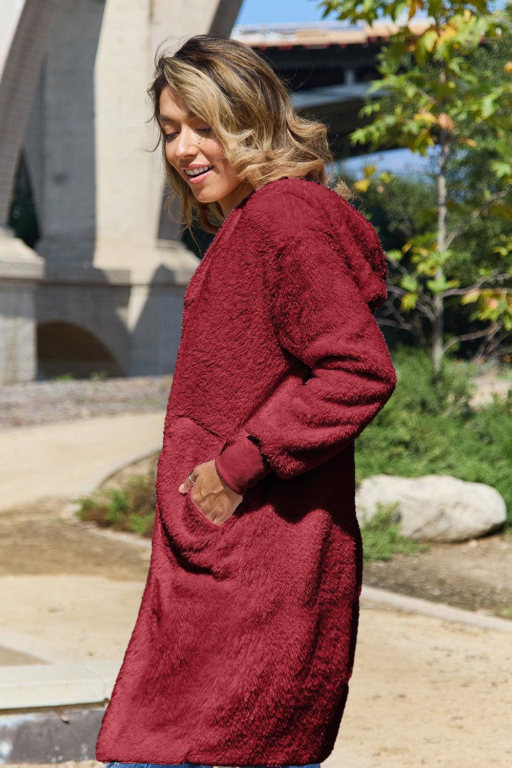 Double Take Full Size Hooded Teddy Bear Jacket with Thumbholes - Clothes For Her Online Store