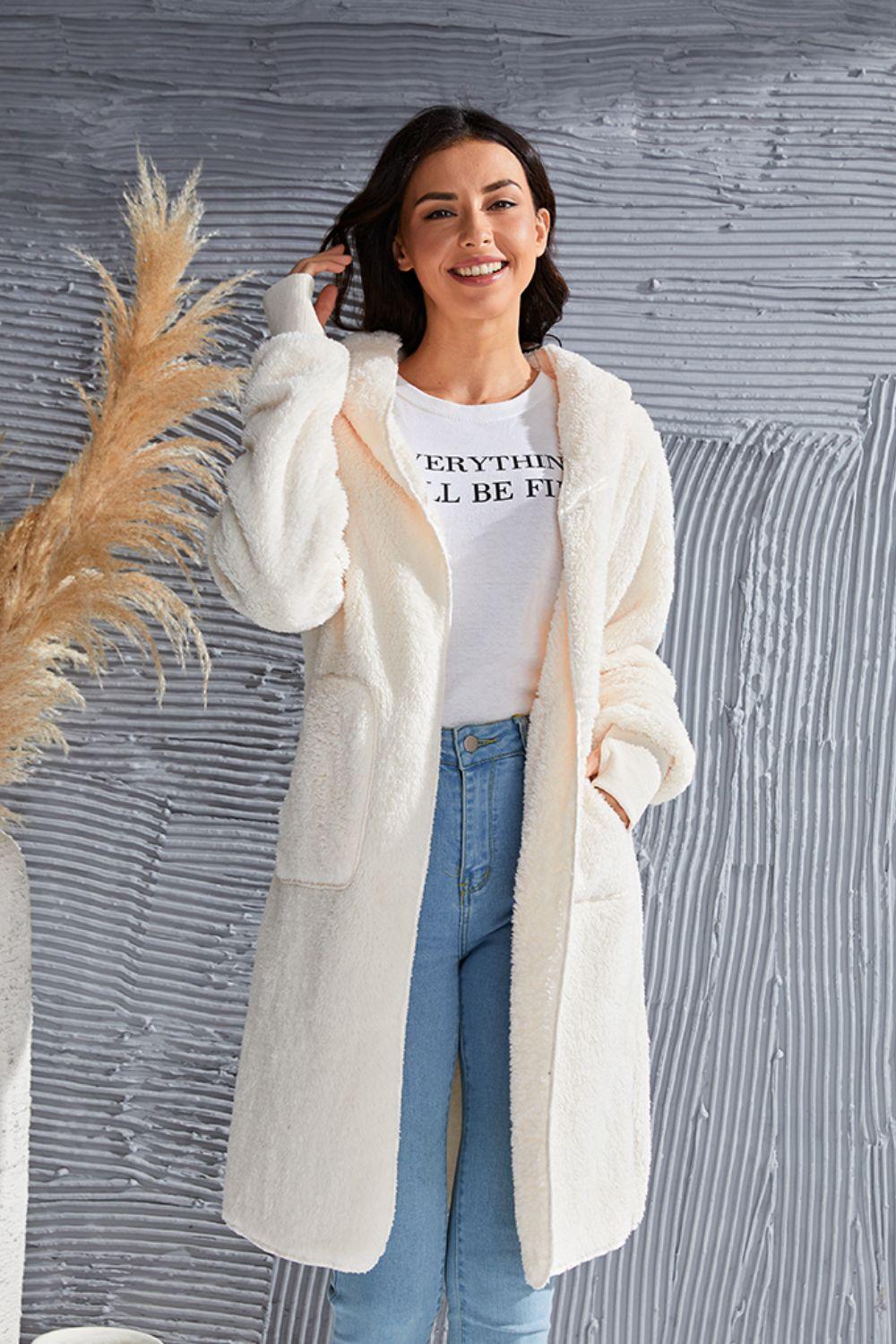 Double Take Full Size Hooded Teddy Bear Jacket with Thumbholes - Clothes For Her Online Store