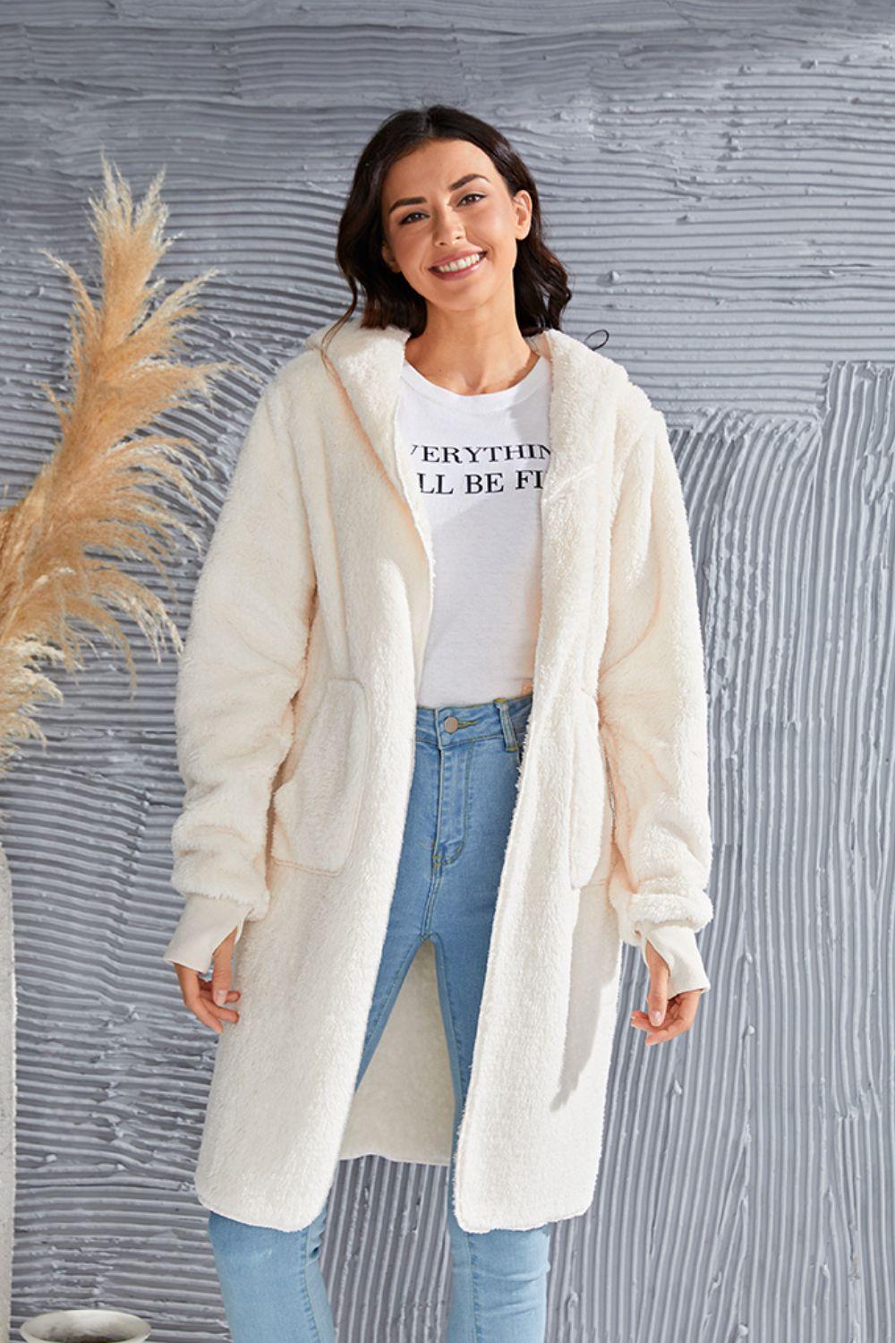 Double Take Full Size Hooded Teddy Bear Jacket with Thumbholes - Clothes For Her Online Store