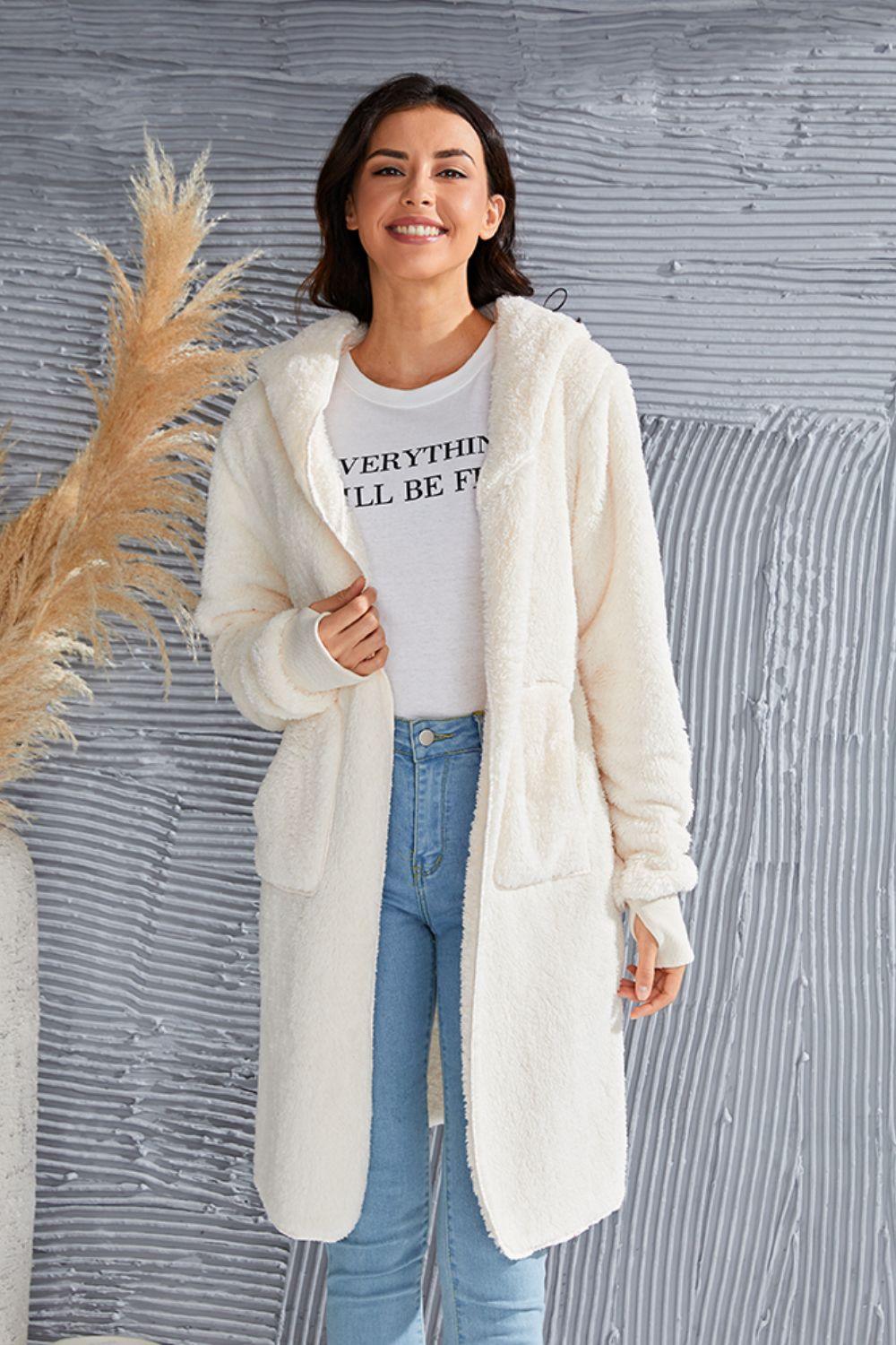 Double Take Full Size Hooded Teddy Bear Jacket with Thumbholes - Clothes For Her Online Store