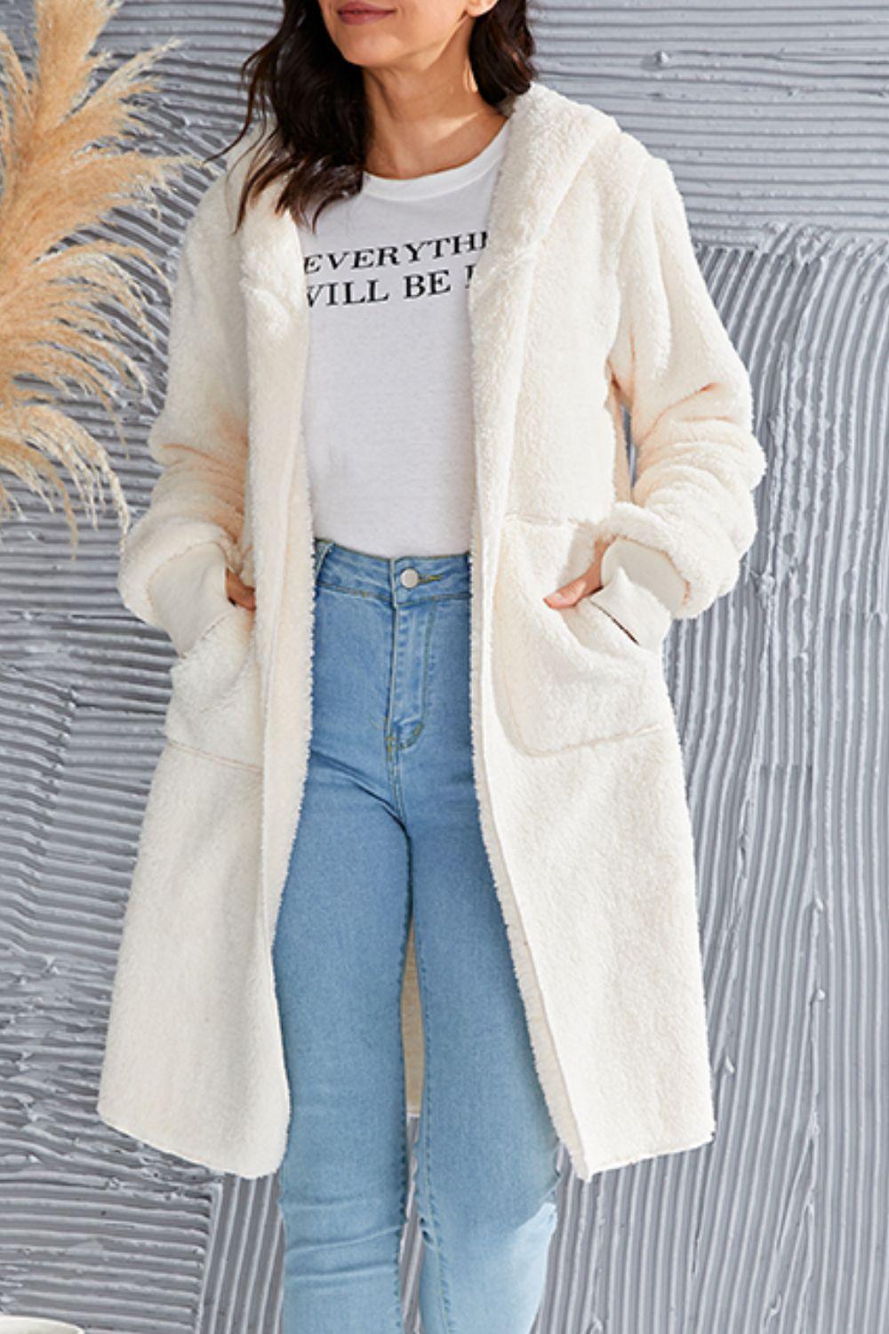Double Take Full Size Hooded Teddy Bear Jacket with Thumbholes - Clothes For Her Online Store