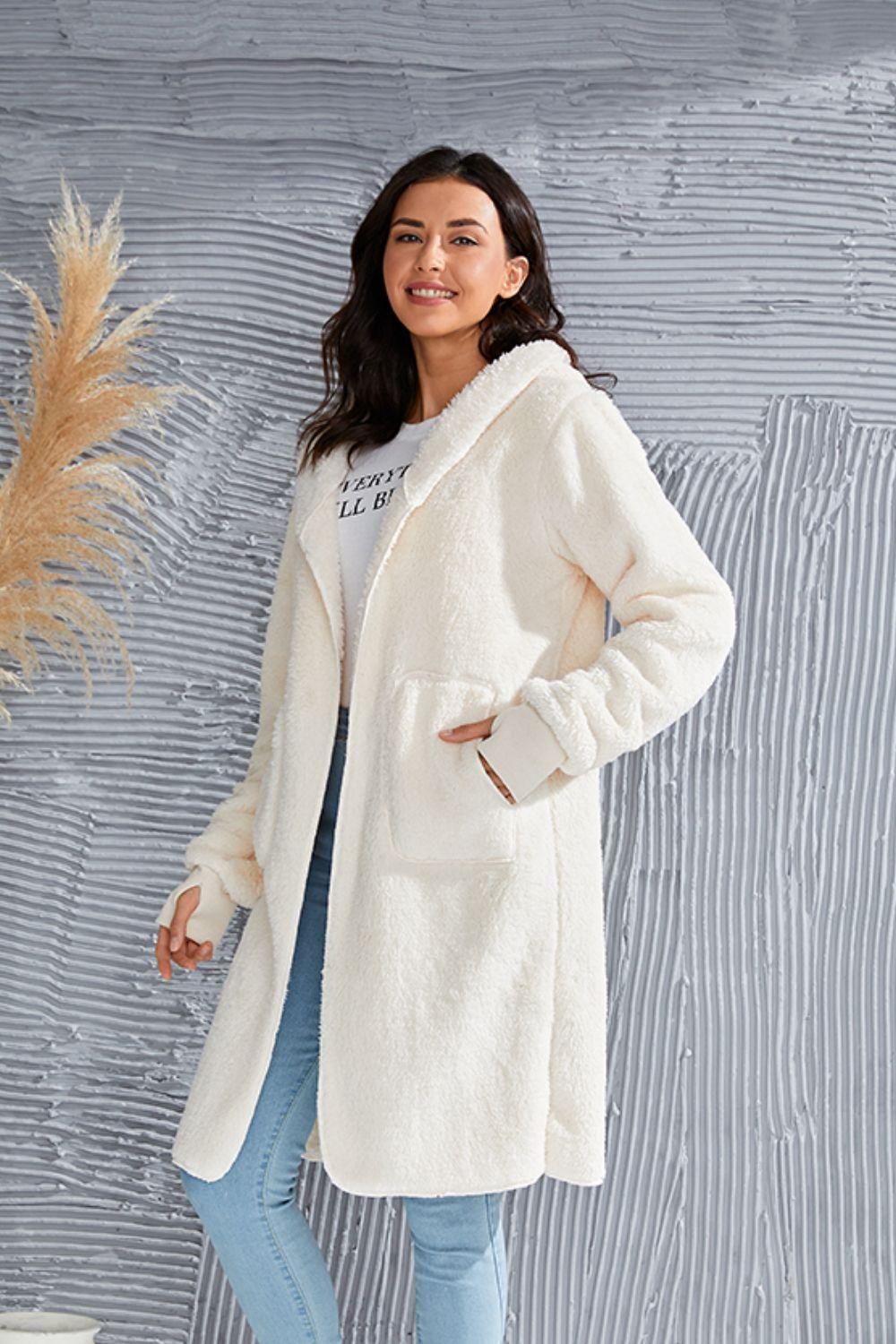 Double Take Full Size Hooded Teddy Bear Jacket with Thumbholes - Clothes For Her Online Store