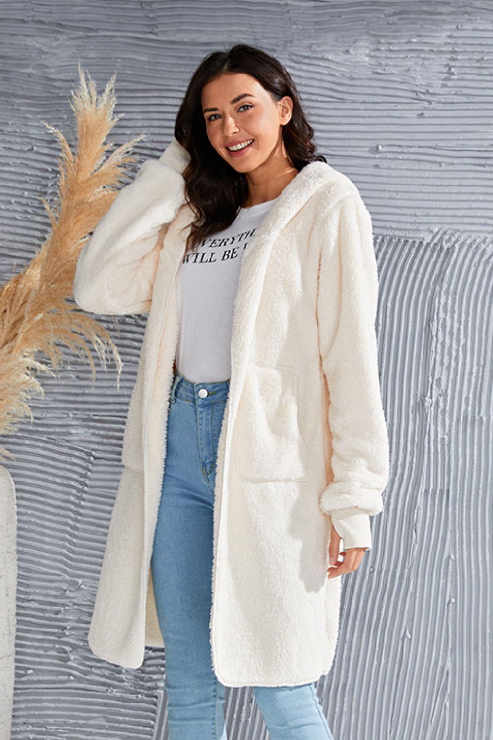 Double Take Full Size Hooded Teddy Bear Jacket with Thumbholes - Clothes For Her Online Store