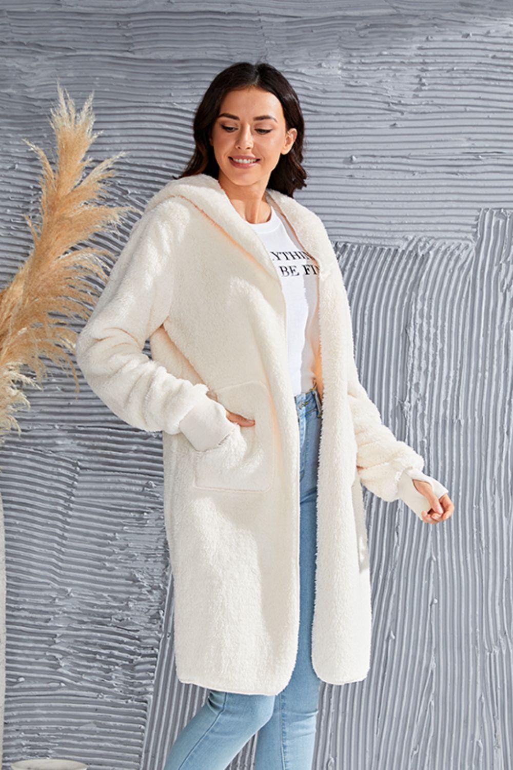 Double Take Full Size Hooded Teddy Bear Jacket with Thumbholes - Clothes For Her Online Store