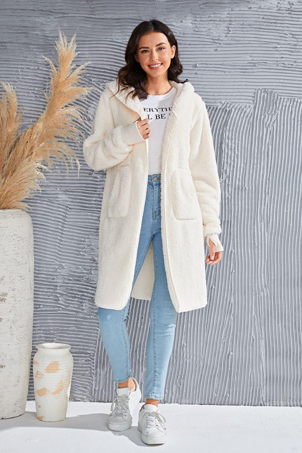 Double Take Full Size Hooded Teddy Bear Jacket with Thumbholes - Clothes For Her Online Store