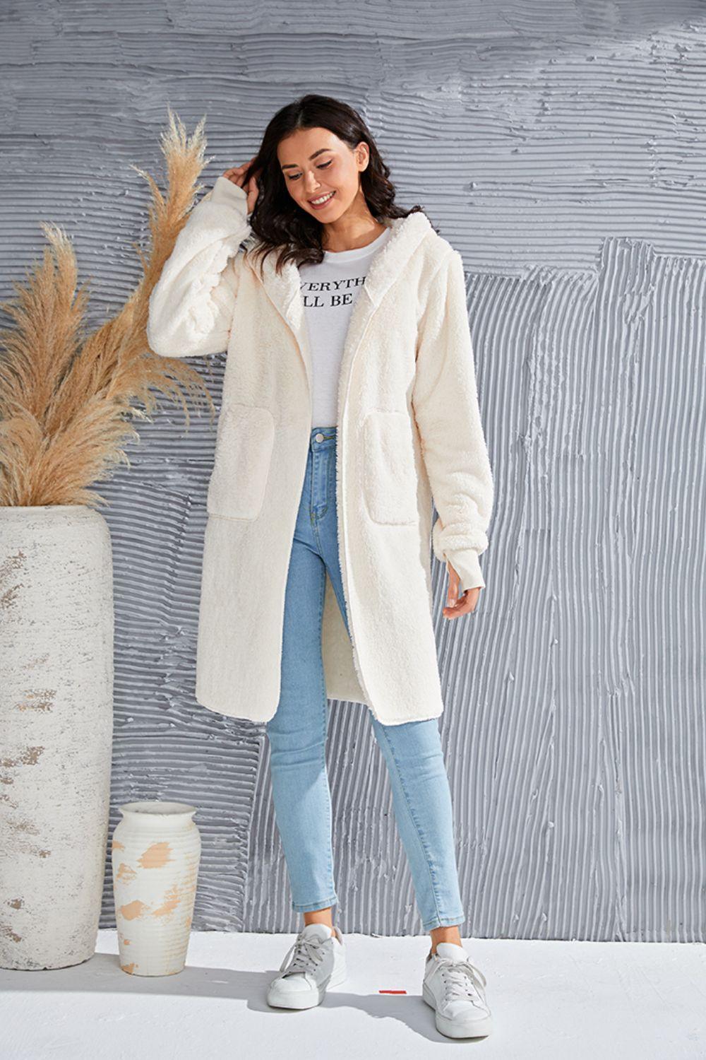 Double Take Full Size Hooded Teddy Bear Jacket with Thumbholes - Clothes For Her Online Store