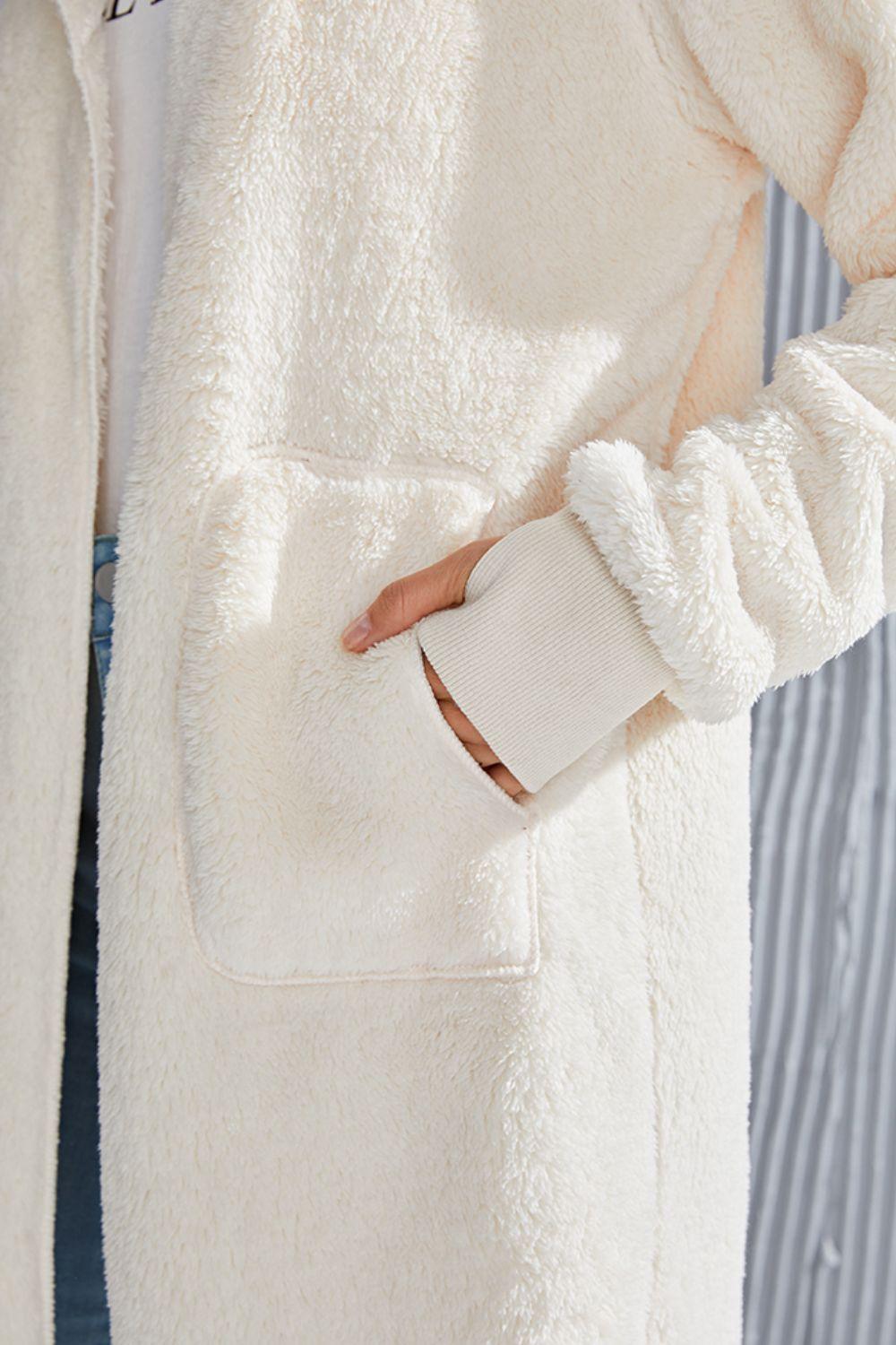 Double Take Full Size Hooded Teddy Bear Jacket with Thumbholes - Clothes For Her Online Store