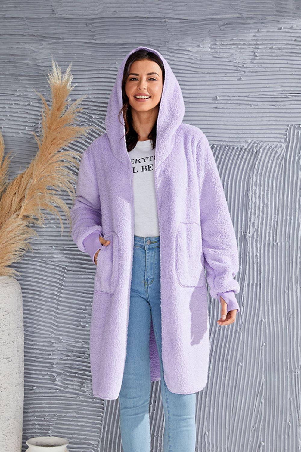 Double Take Full Size Hooded Teddy Bear Jacket with Thumbholes - Clothes For Her Online Store
