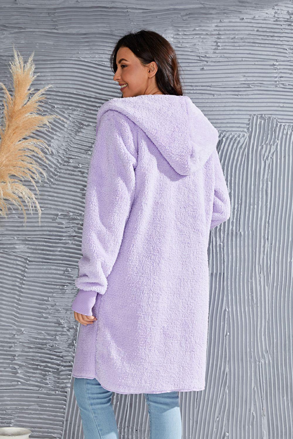 Double Take Full Size Hooded Teddy Bear Jacket with Thumbholes - Clothes For Her Online Store