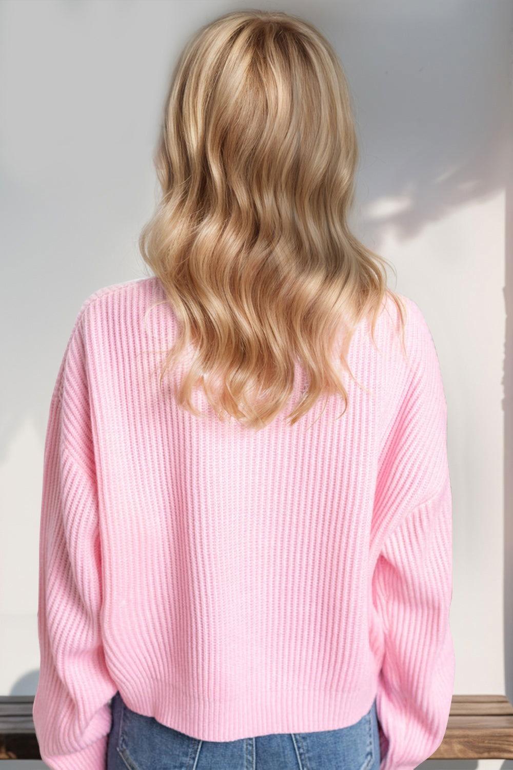 Double Take Full Size MERRY & BRIGHT Christmas Dropped Shoulder Cropped Sweater - Clothes For Her Online Store