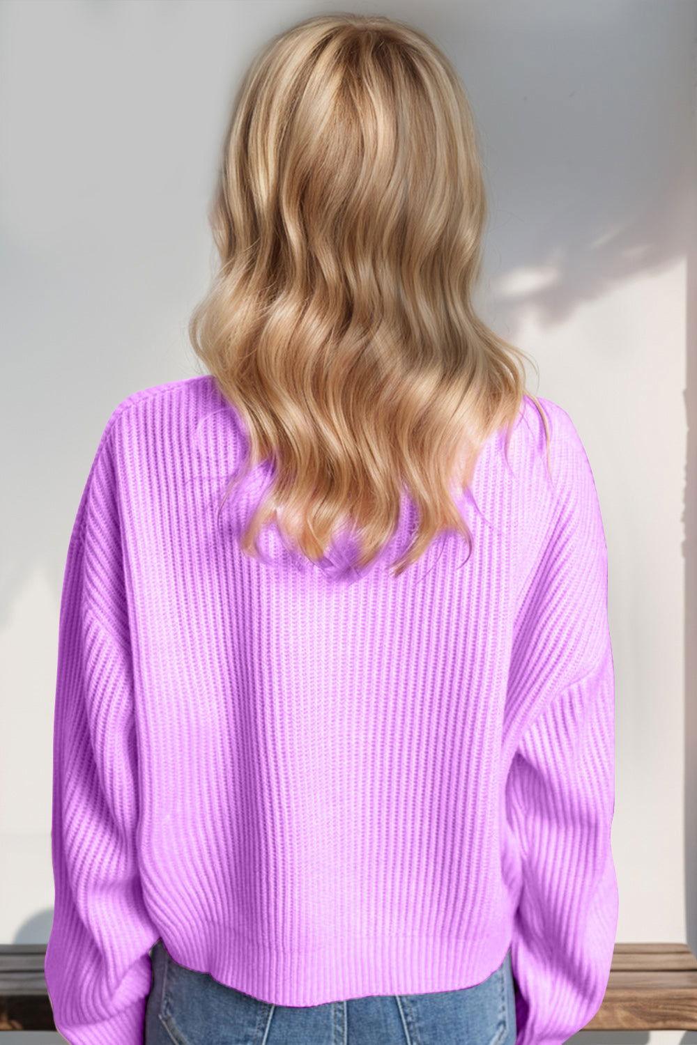 Double Take Full Size MERRY & BRIGHT Christmas Dropped Shoulder Cropped Sweater - Clothes For Her Online Store