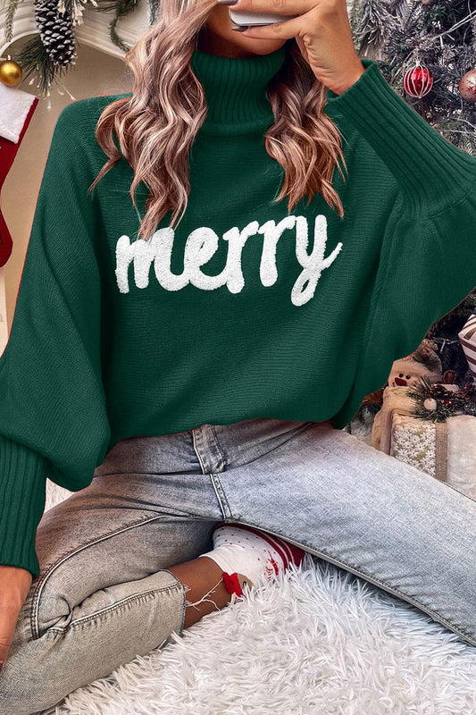 Double Take Full Size Merry Christmas Turtleneck Long Sleeve Sweater - Clothes For Her Online Store