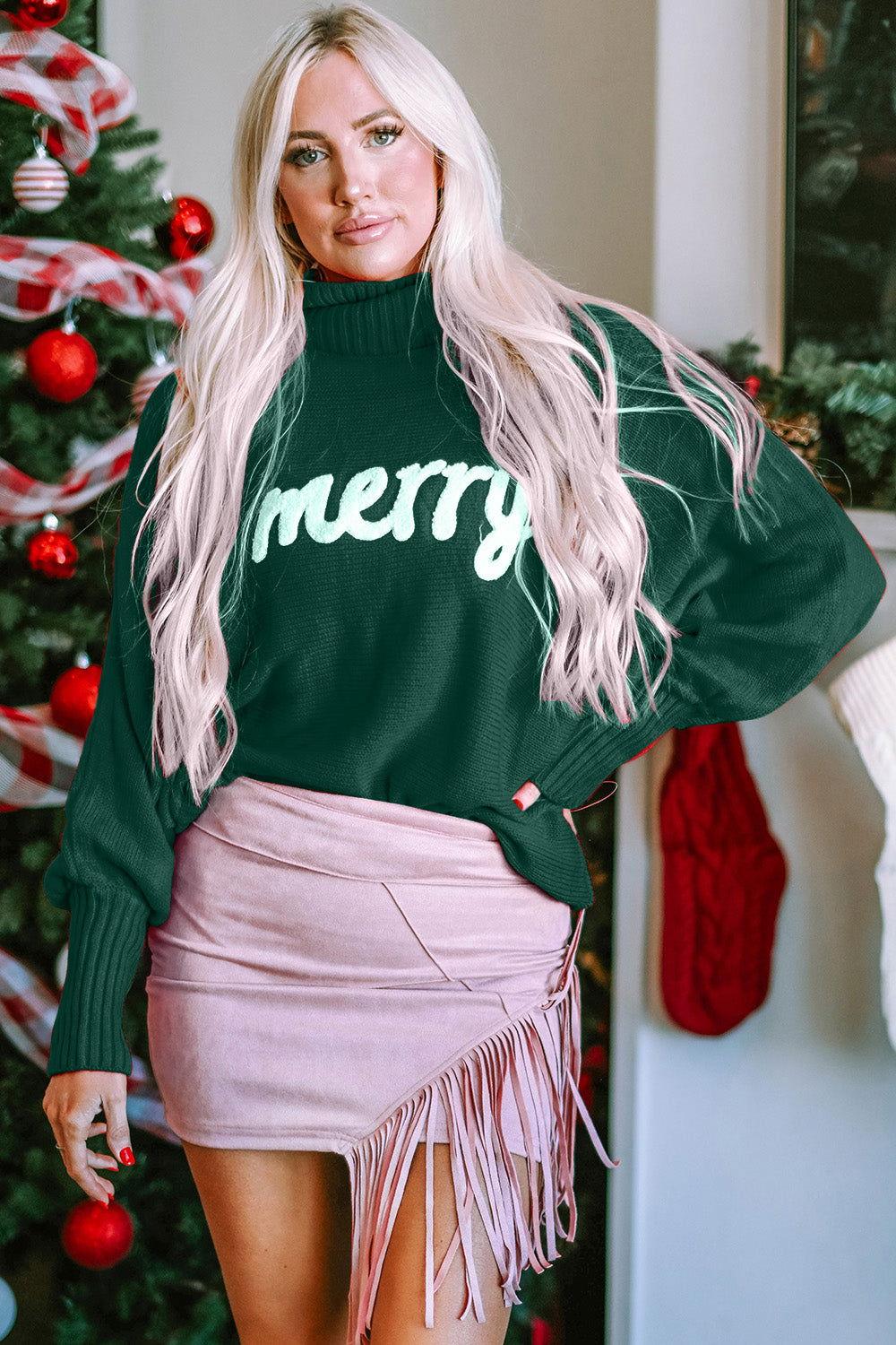 Double Take Full Size Merry Christmas Turtleneck Long Sleeve Sweater - Clothes For Her Online Store