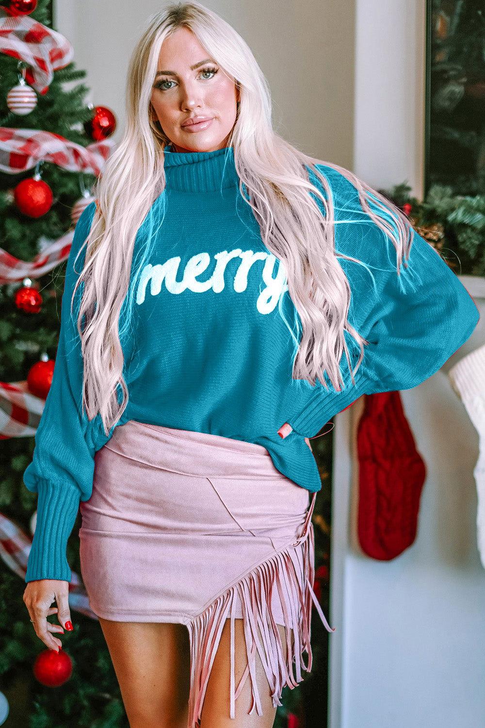 Double Take Full Size Merry Christmas Turtleneck Long Sleeve Sweater - Clothes For Her Online Store