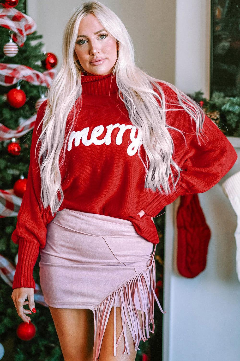 Double Take Full Size Merry Christmas Turtleneck Long Sleeve Sweater - Clothes For Her Online Store