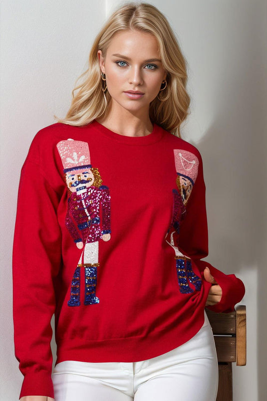 Double Take Full Size Nutcracker Sequin Long Sleeve Sweater - Clothes For Her Online Store
