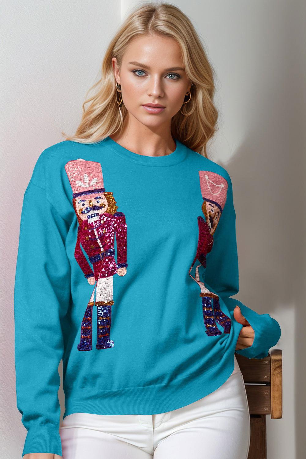 Double Take Full Size Nutcracker Sequin Long Sleeve Sweater - Clothes For Her Online Store
