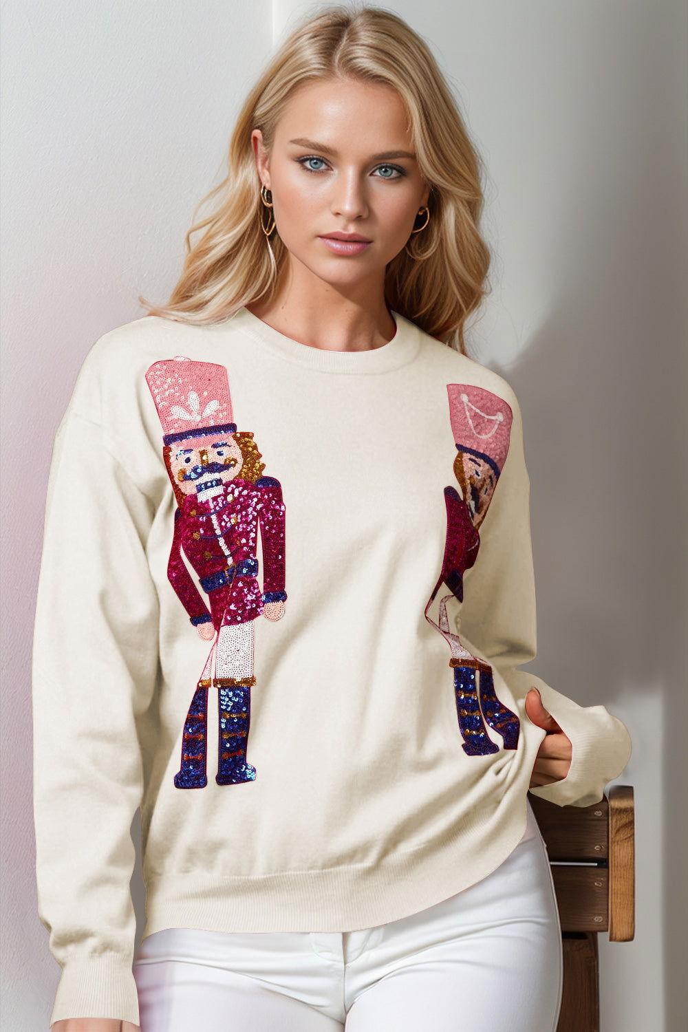 Double Take Full Size Nutcracker Sequin Long Sleeve Sweater - Clothes For Her Online Store