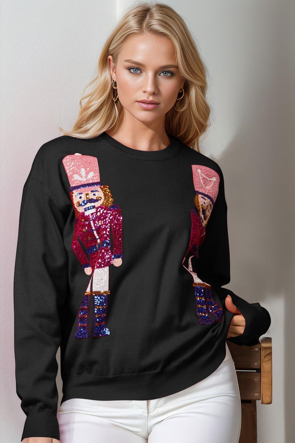 Double Take Full Size Nutcracker Sequin Long Sleeve Sweater - Clothes For Her Online Store
