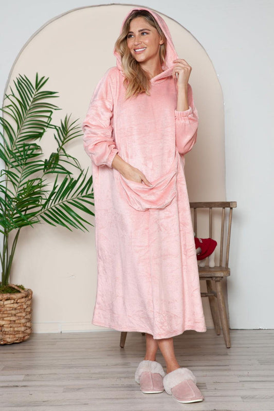 Double Take Full Size Pocketed Hooded Midi Lounge Dress - Clothes For Her Online Store