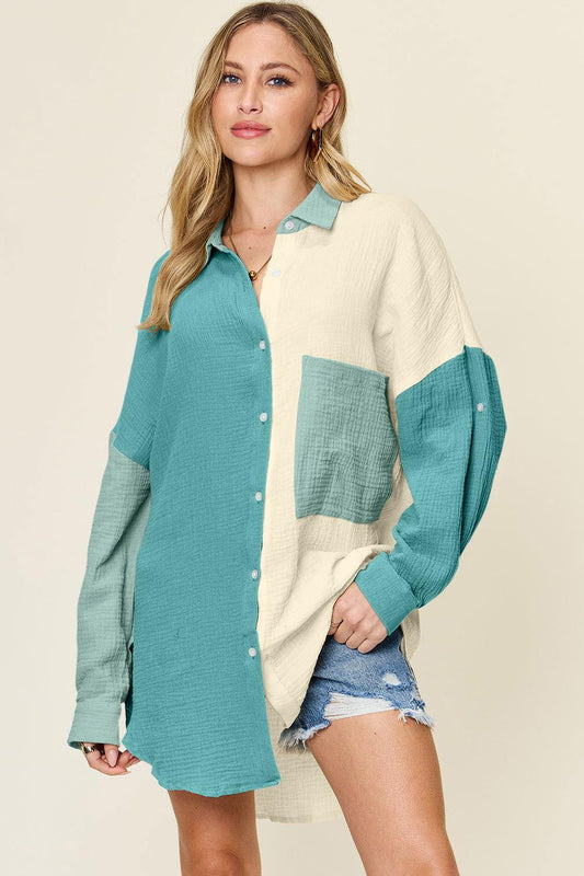 Double Take Full Size Pocketed Texture Button Up Shirt