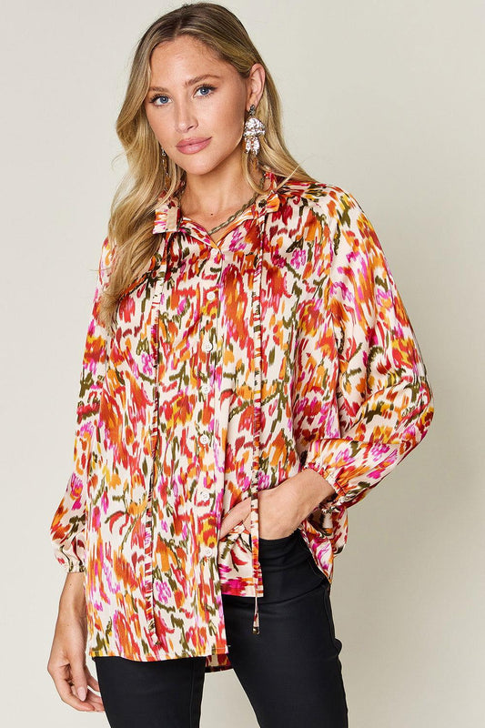 Double Take Full Size Printed Button Up Long Sleeve Shirt - Clothes For Her Online Store